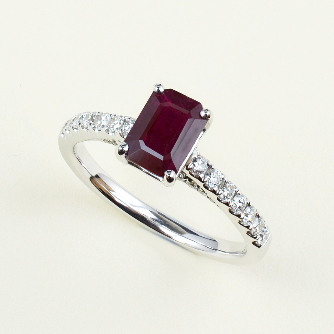 emerald cut ruby ring set in 18ct white gold