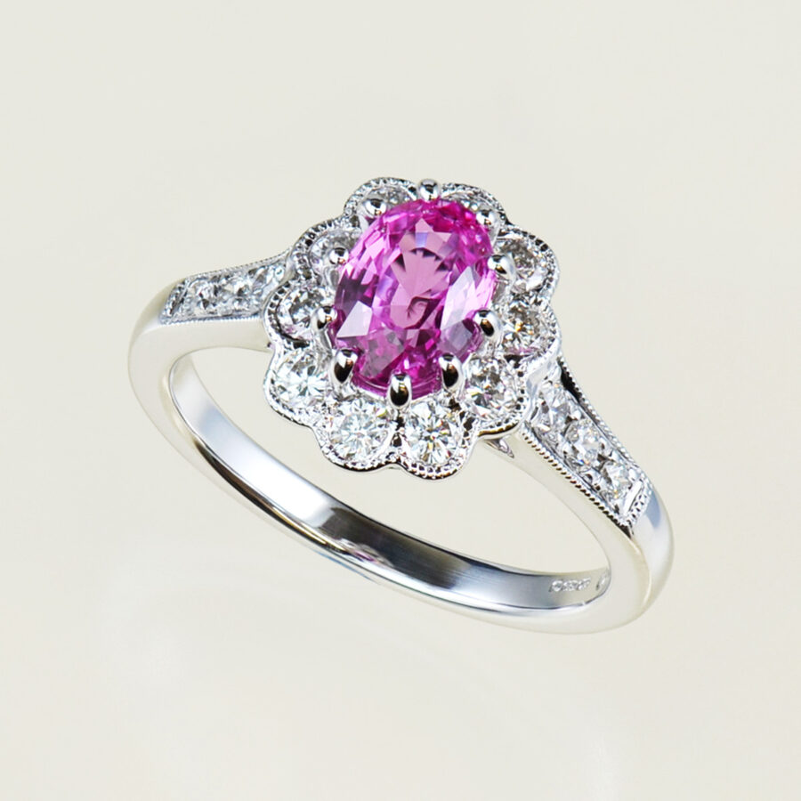 Pink Sapphire and diamond cluster ring