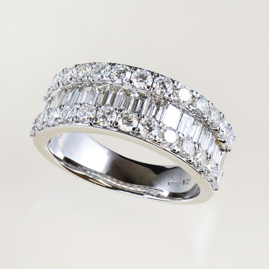 round and baguette cut diamonds set in an 18ct white gold band setting
