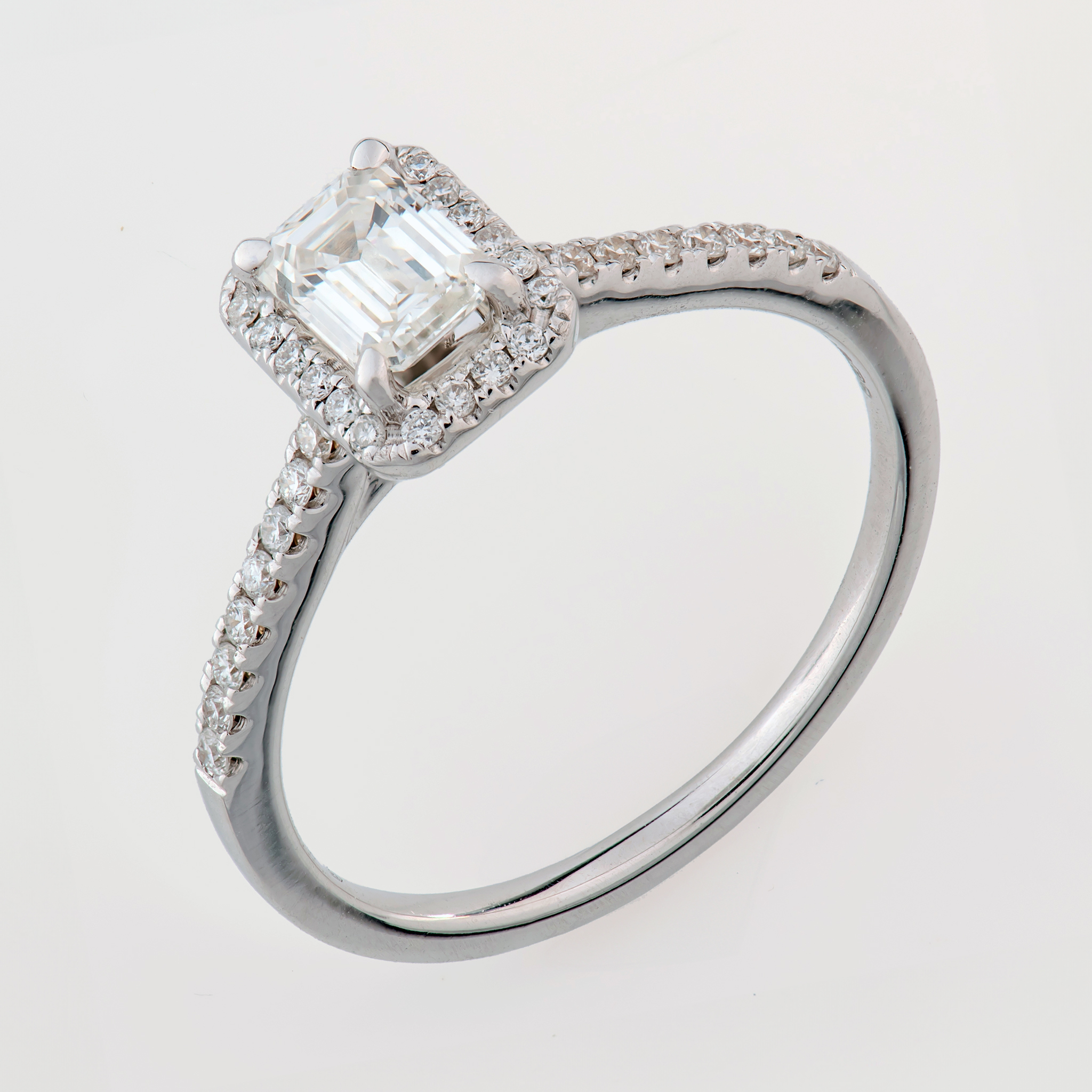 Emerald Cut Diamond Solitaire Halo Ring 0.50cts Rebecca's Jewellery Southport